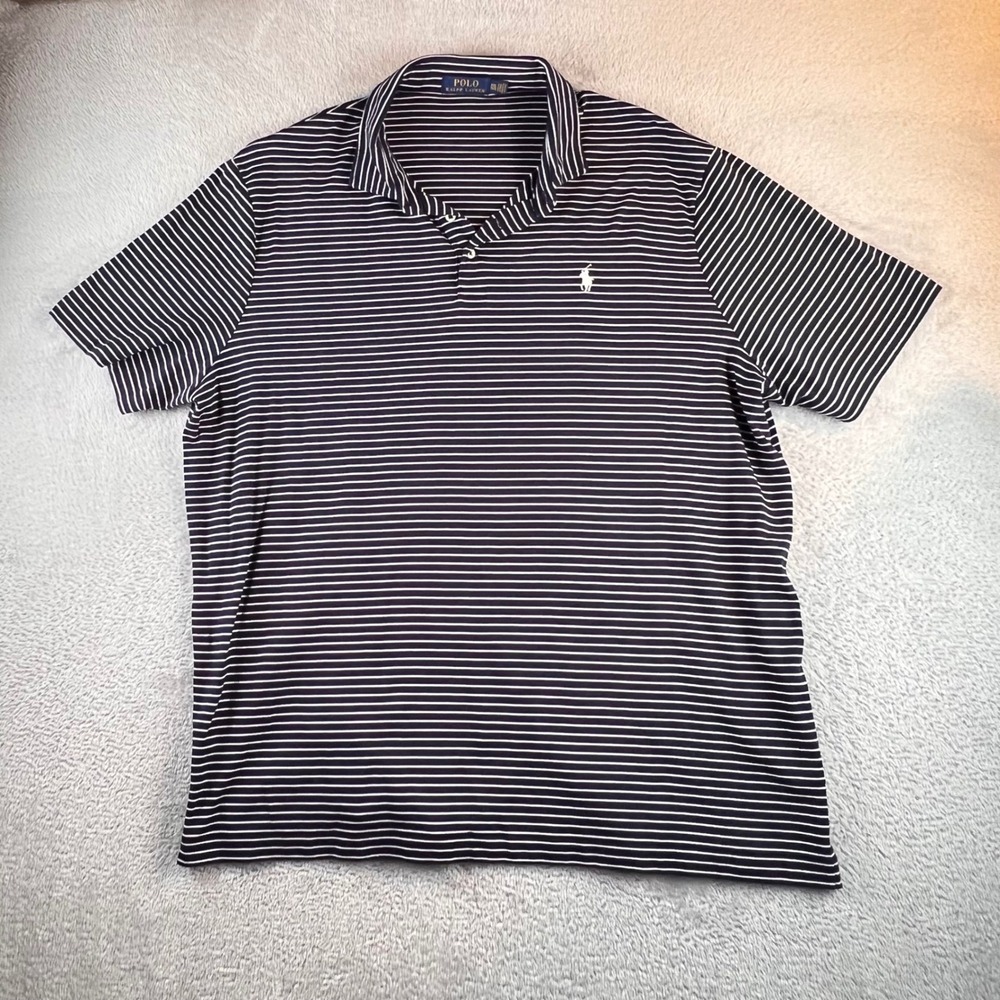 Polo Ralph Lauren Mens XXL Navy Blue White Striped Short Sleeve Polo Shirt 2914
